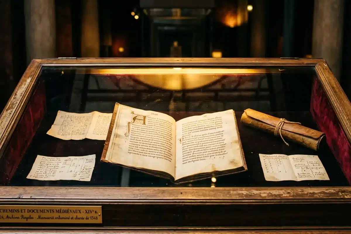 Vitrine de documents historiques aux Archives nationales de Paris