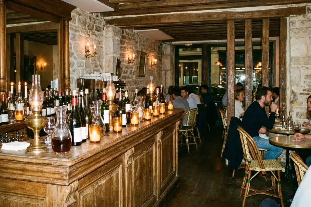 Comptoir d'un bar à vin parisien avec rangée de bouteilles et éclairage tamisé