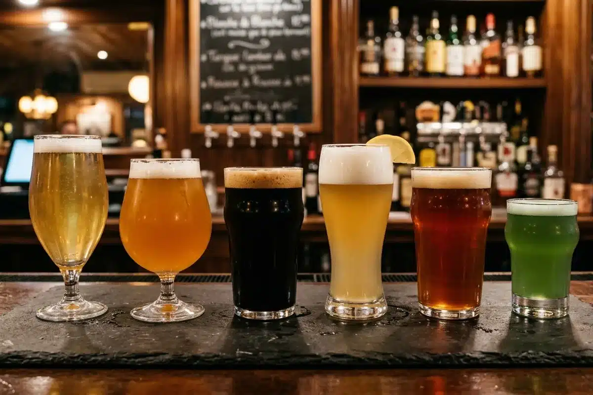 Six verres de bières artisanales variées sur un comptoir en ardoise, ambiance bar craft parisien le soir