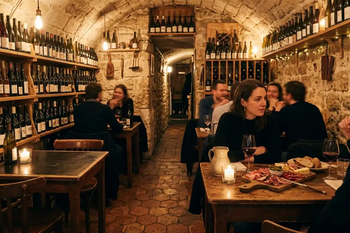 Cave à manger parisienne avec vins naturels Intérieur d'une cave à manger parisienne avec rayonnages de bouteilles de vin naturel