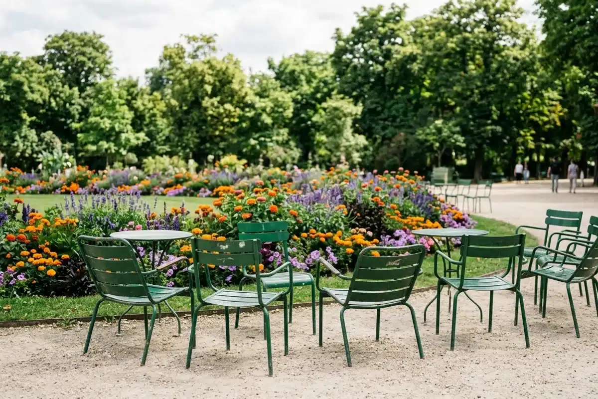 Les chaises vertes et les parterres fleuris Chaises vertes emblématiques autour d'un parterre fleuri du jardin du Luxembourg