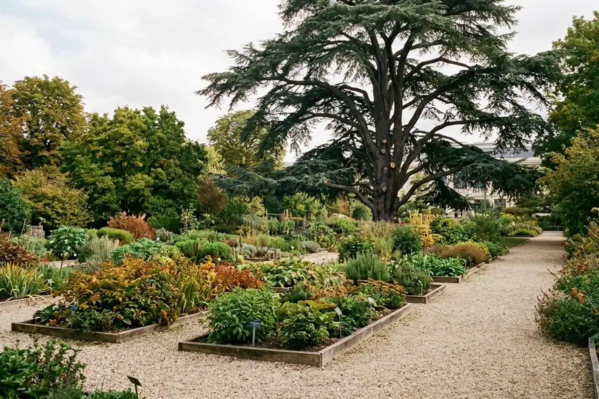 Carrés de l'École de botanique au Jardin des Plantes Carrés de plantes de l'École de botanique et grand cèdre au Jardin des Plantes de Paris