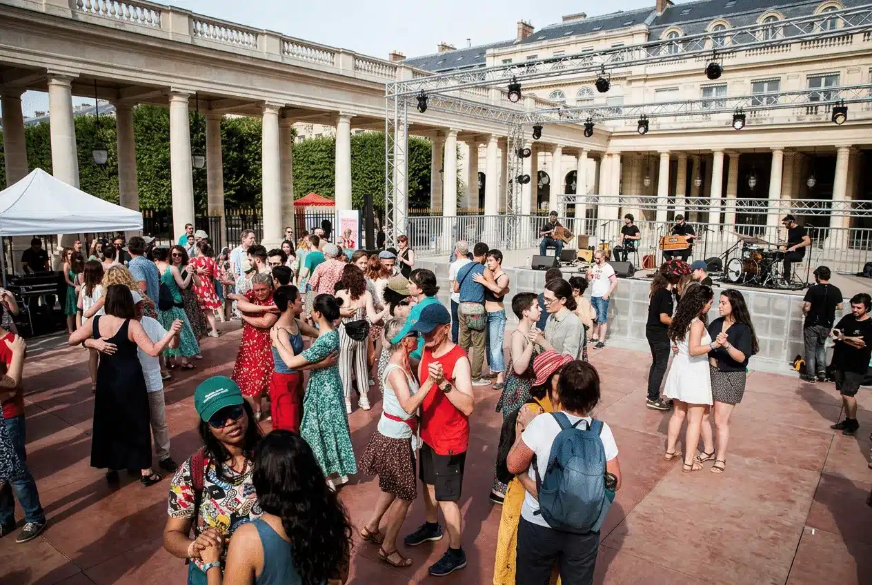 Foule dansant en plein air devant une scène et une colonnade classique lors de la Fête de la Musique à Paris