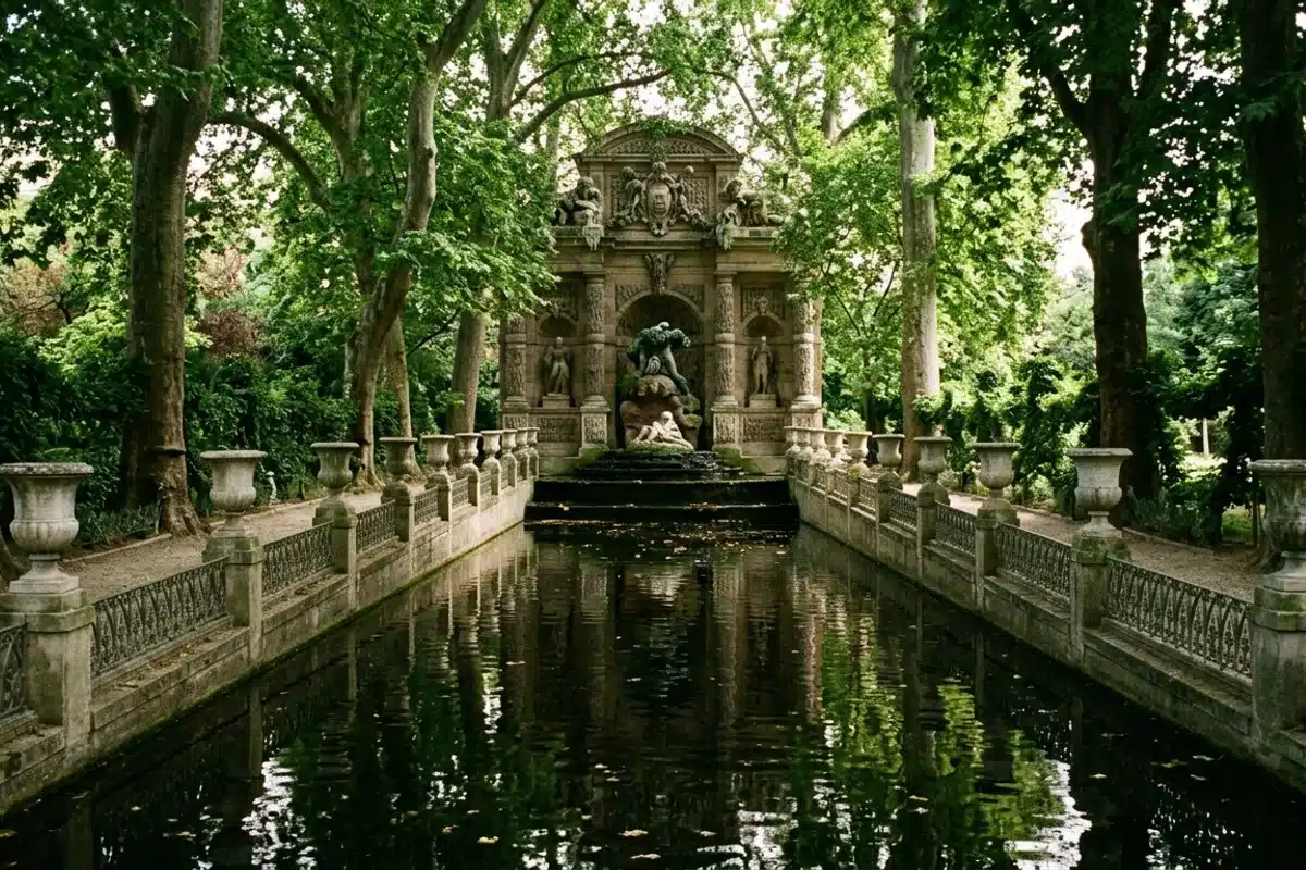 La fontaine Médicis sous les platanes Longue vasque ombragée de la fontaine Médicis bordée de platanes dans le jardin du Luxembourg