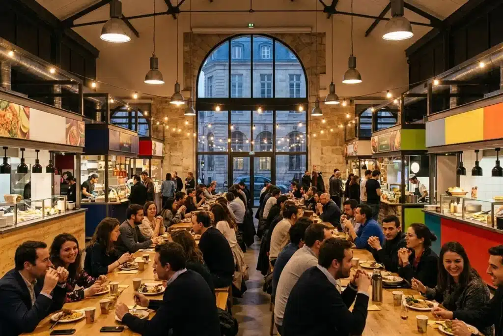 Food court à Paris : halle gourmande animée avec stands de restauration et convives