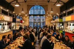 Food court à Paris : halle gourmande animée avec stands de restauration et convives