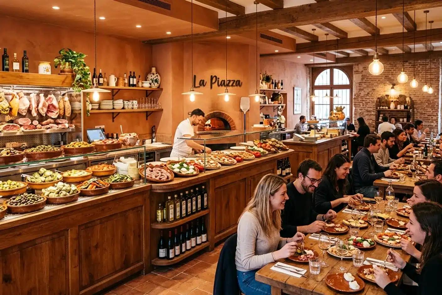 Intérieur d'un food hall parisien avec comptoirs italiens Comptoirs d'un food hall parisien avec pizzas et antipasti, ambiance italienne