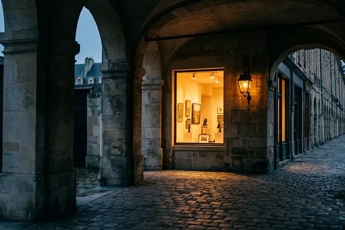 Galerie d'art sous les arcades du Marais Vitrine éclairée d'une galerie d'art sous les arcades de la place des Vosges, le soir