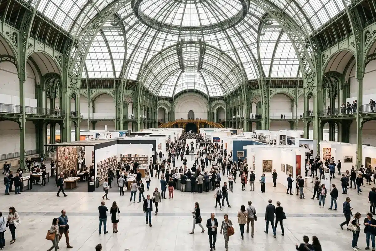 La nef du Grand Palais pendant un événement La grande nef du Grand Palais remplie de visiteurs lors d'un événement culturel