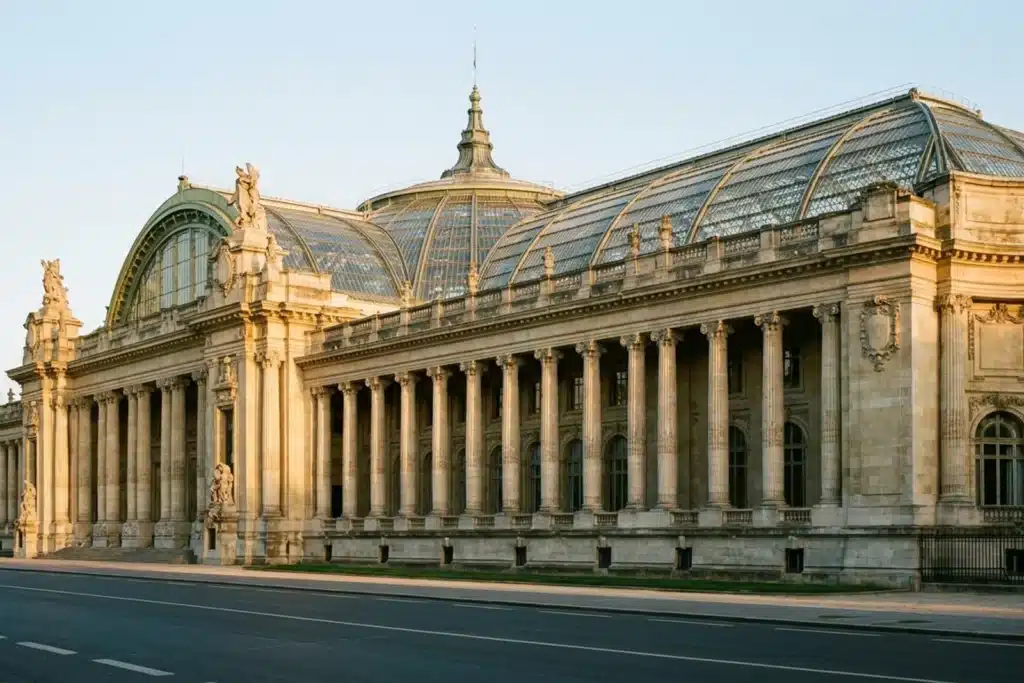 La façade en pierre et la verrière du Grand Palais à Paris sous une lumière dorée