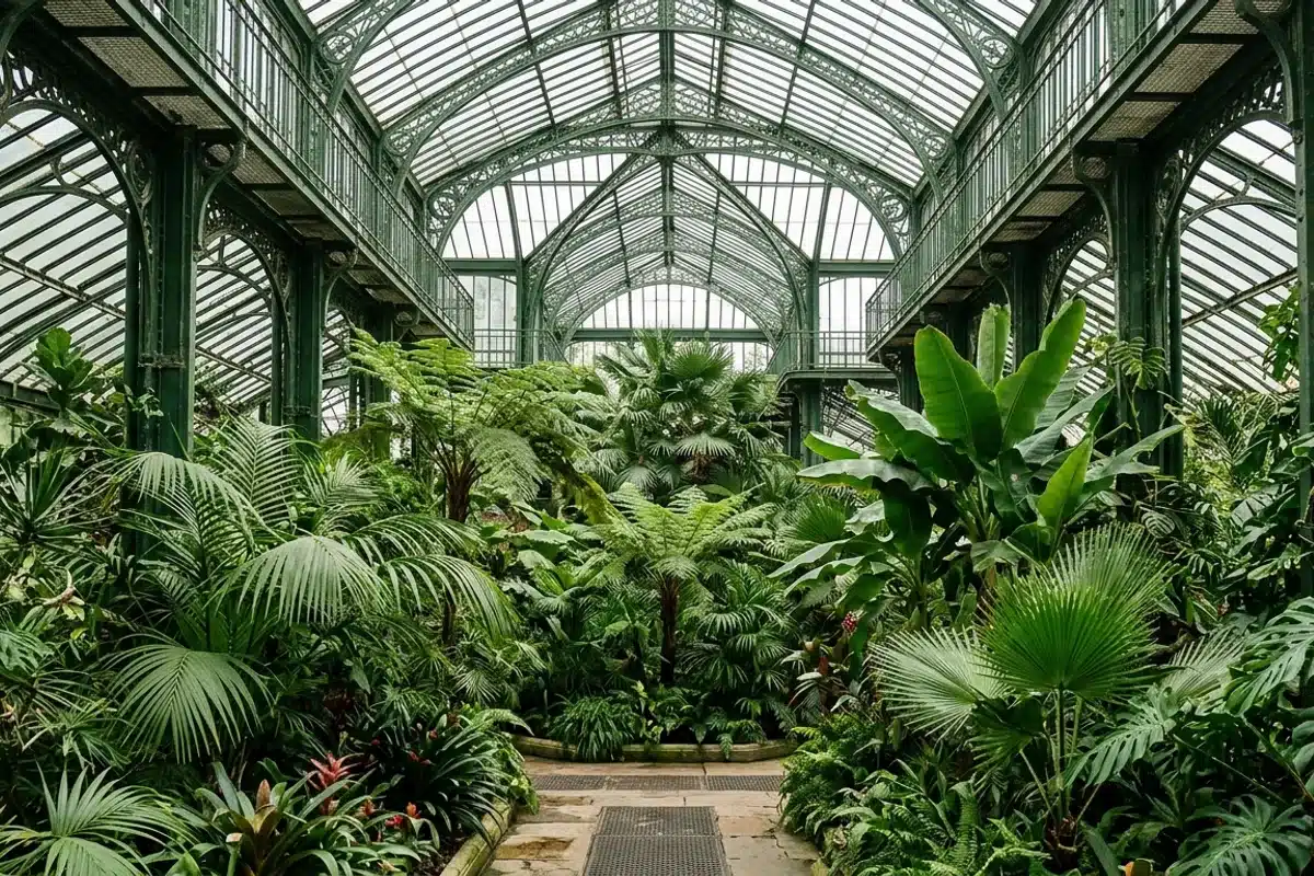 Végétation tropicale des Grandes Serres du Jardin des Plantes Plantes tropicales sous la verrière des Grandes Serres du Jardin des Plantes de Paris