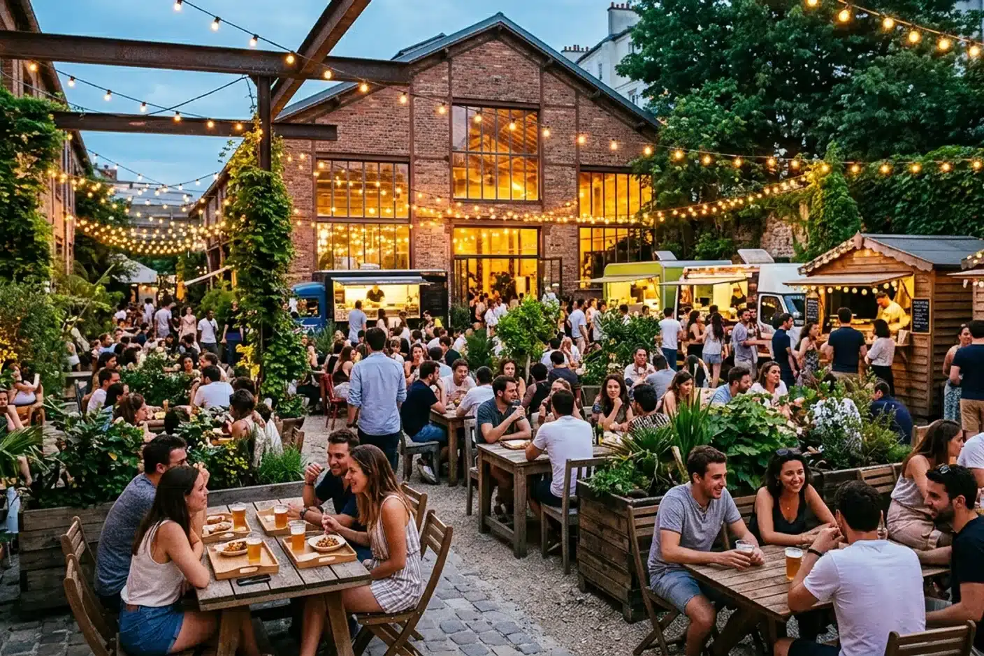 Terrasse d'un food court parisien dans un hangar reconverti Terrasse festive d'un food court parisien dans un hangar industriel converti, guirlandes et jardin urbain