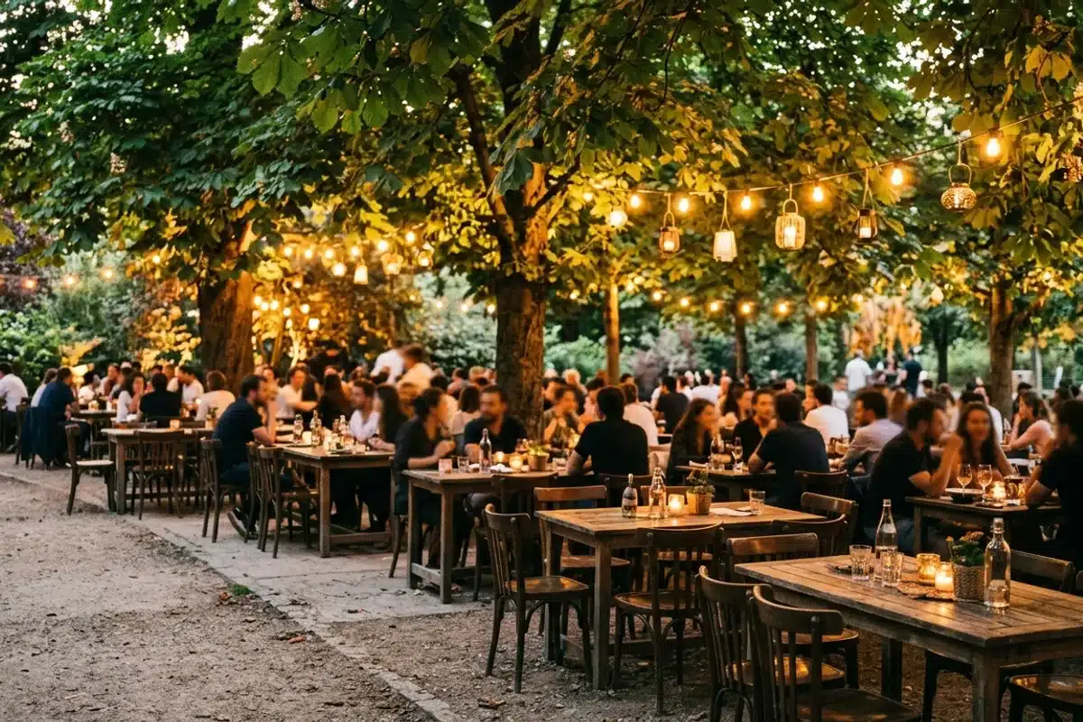 Terrasse d une guinguette parisienne sous les arbres, tables en bois et guirlandes lumineuses le soir