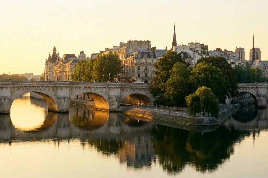 Île de la Cité au lever du soleil, le Pont Neuf enjambant la Seine dorée vers la pointe de l'île