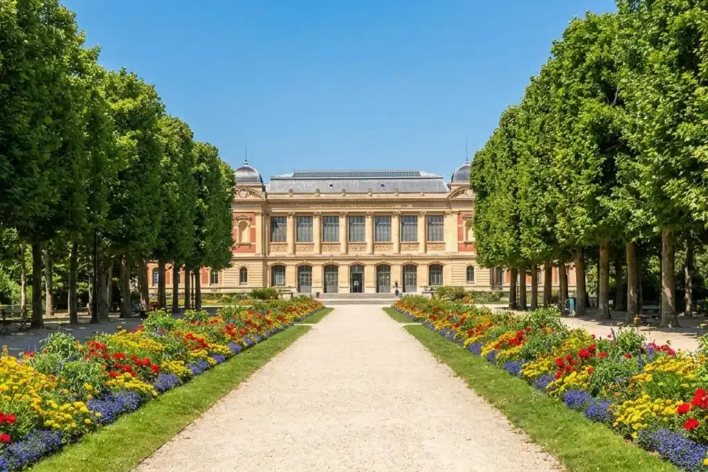 Jardin des Plantes de Paris, allée centrale fleurie menant à la Grande Galerie de l'Évolution