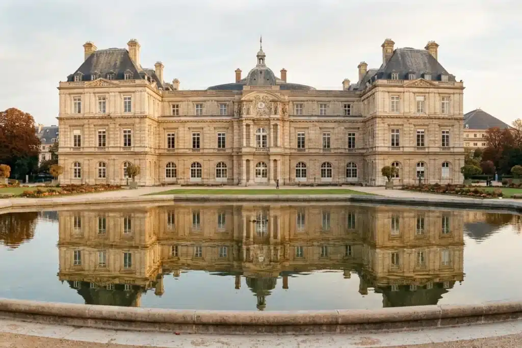 Jardin du Luxembourg : le palais du Luxembourg se reflète dans le grand bassin octogonal sous une lumière d'automne