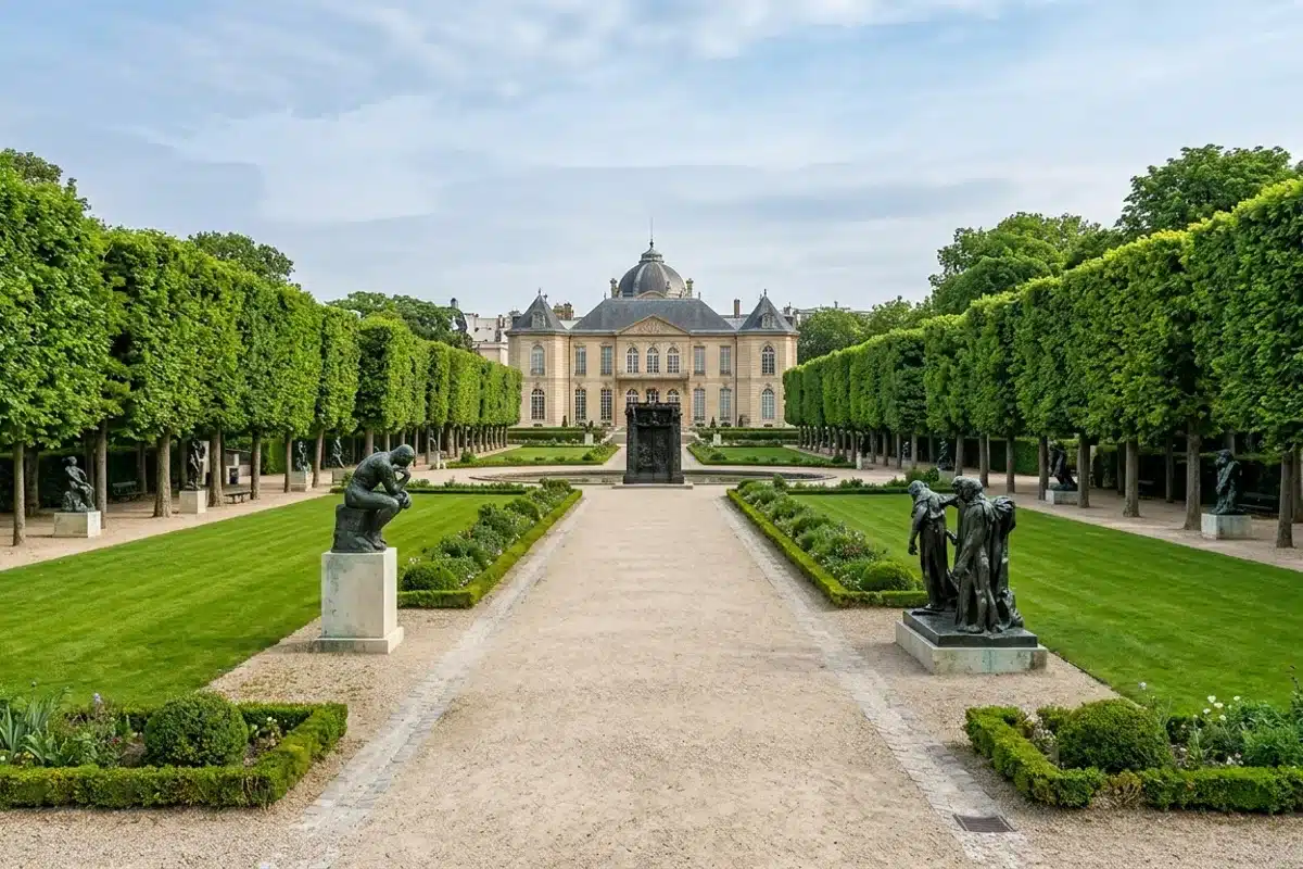 Jardin de sculptures du musée Rodin à Paris Jardin du musée Rodin à Paris avec allée centrale, pelouse et sculptures en bronze en arrière-plan