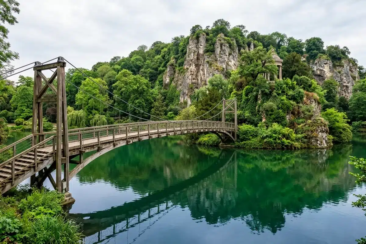 Passerelle suspendue en bois enjambant le lac du parc des Buttes-Chaumont, falaise en arriere-plan