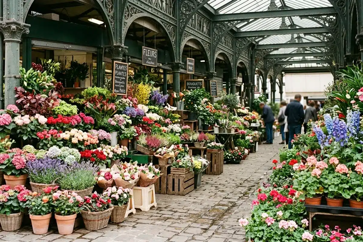 Étals fleuris du marché aux fleurs de l'île de la Cité sous les pavillons de fonte