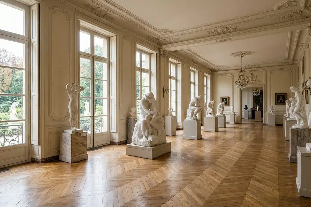 Collections intérieures du musée Rodin Salle des collections du musée Rodin avec sculptures en marbre blanc sur socles, lumière naturelle par grandes fenêtres