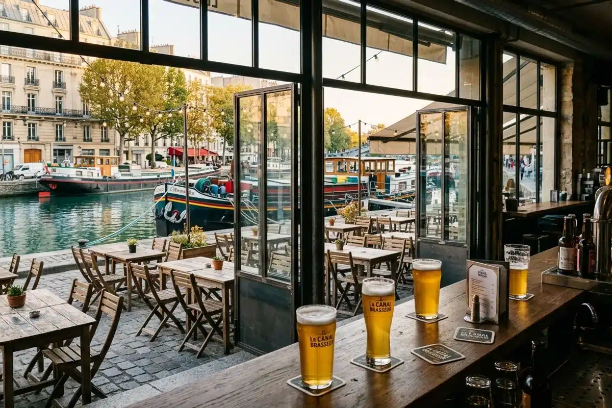 Terrasse d'un bar à bières au bord d'un canal parisien, grandes baies vitrées et pintes de bière
