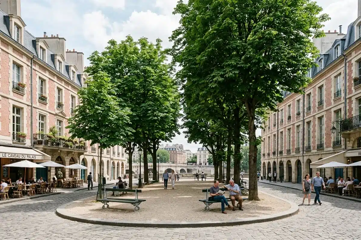 La place Dauphine, façades de brique et de pierre, grands marronniers et terrasses calmes