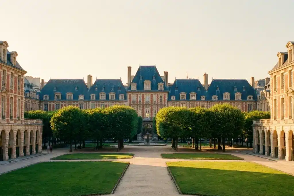Place des Vosges à Paris au coucher du soleil, pavillons de brique et square central