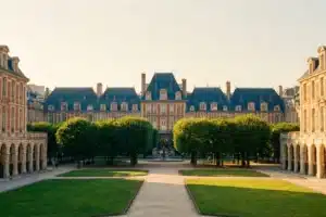 Place des Vosges à Paris au coucher du soleil, pavillons de brique et square central