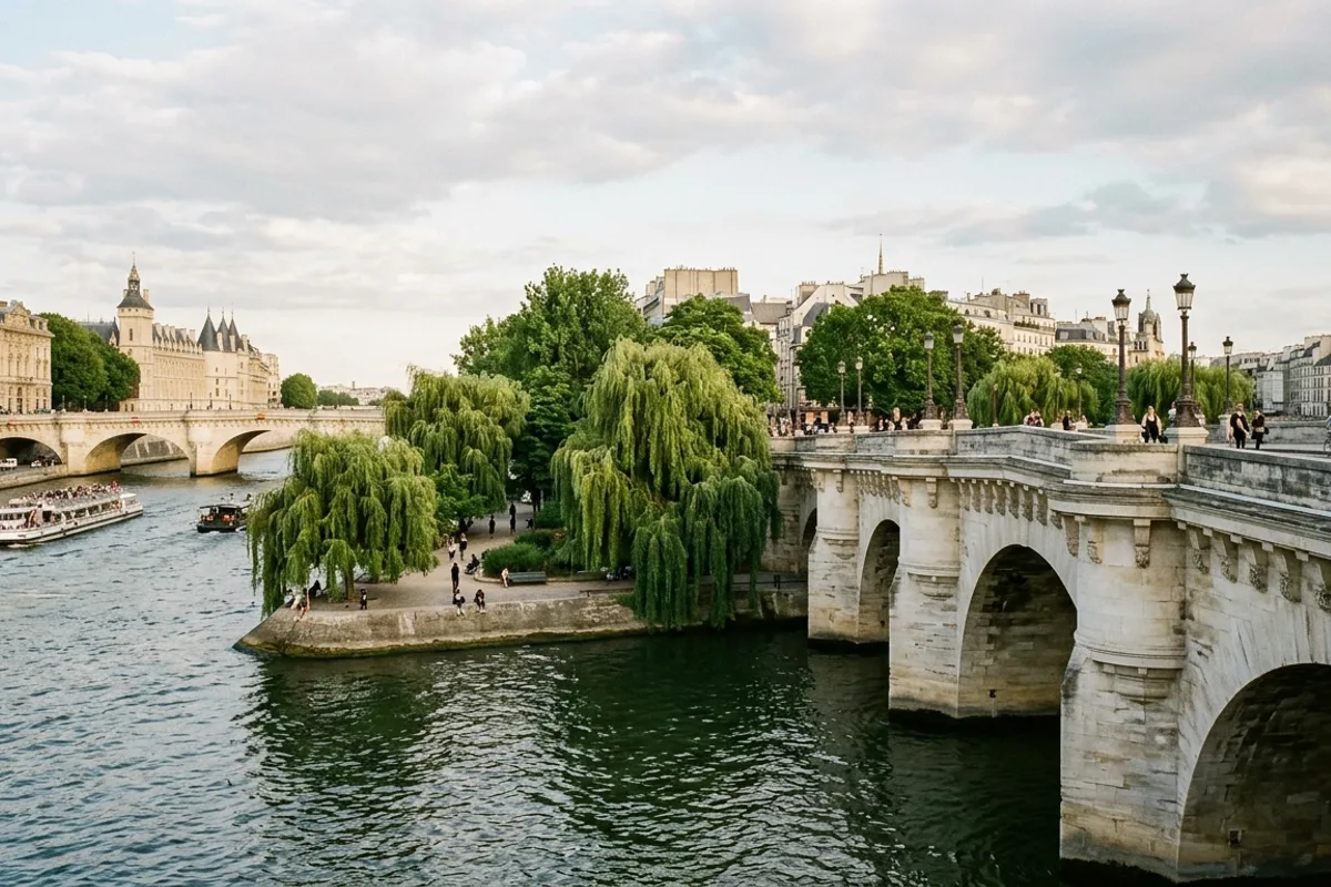 Le Pont Neuf de pierre et la pointe ouest de l'île de la Cité, un saule au bord de la Seine
