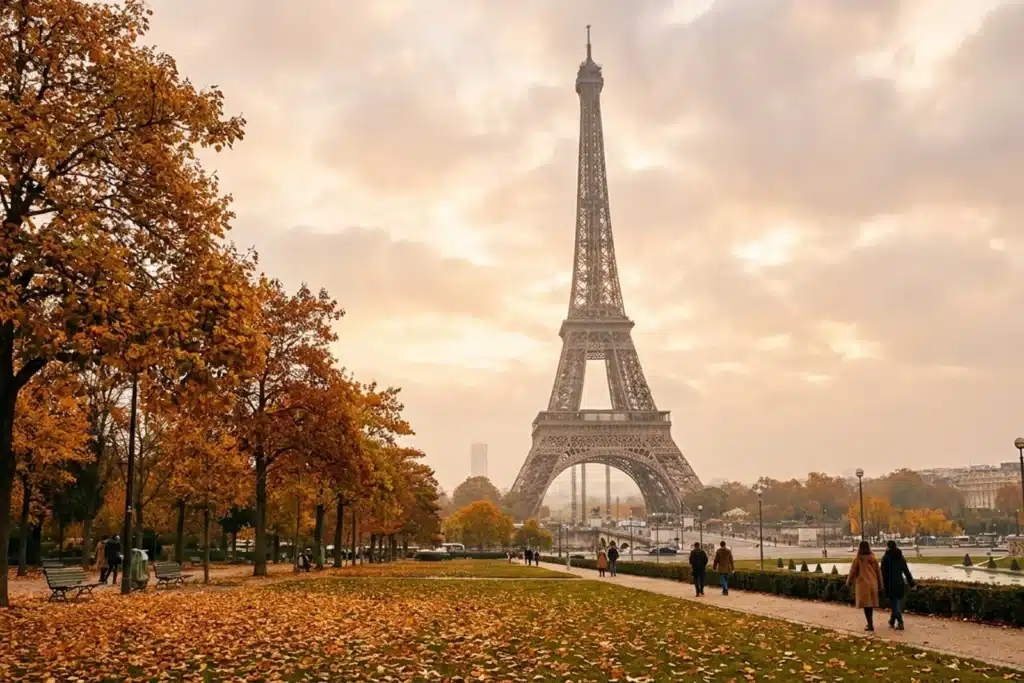La tour Eiffel à Paris en automne, arbres aux feuillages dorés et feuilles mortes au sol