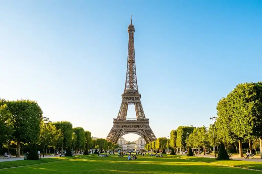 La tour Eiffel à Paris en été, pelouses vertes du Champ-de-Mars sous un ciel bleu
