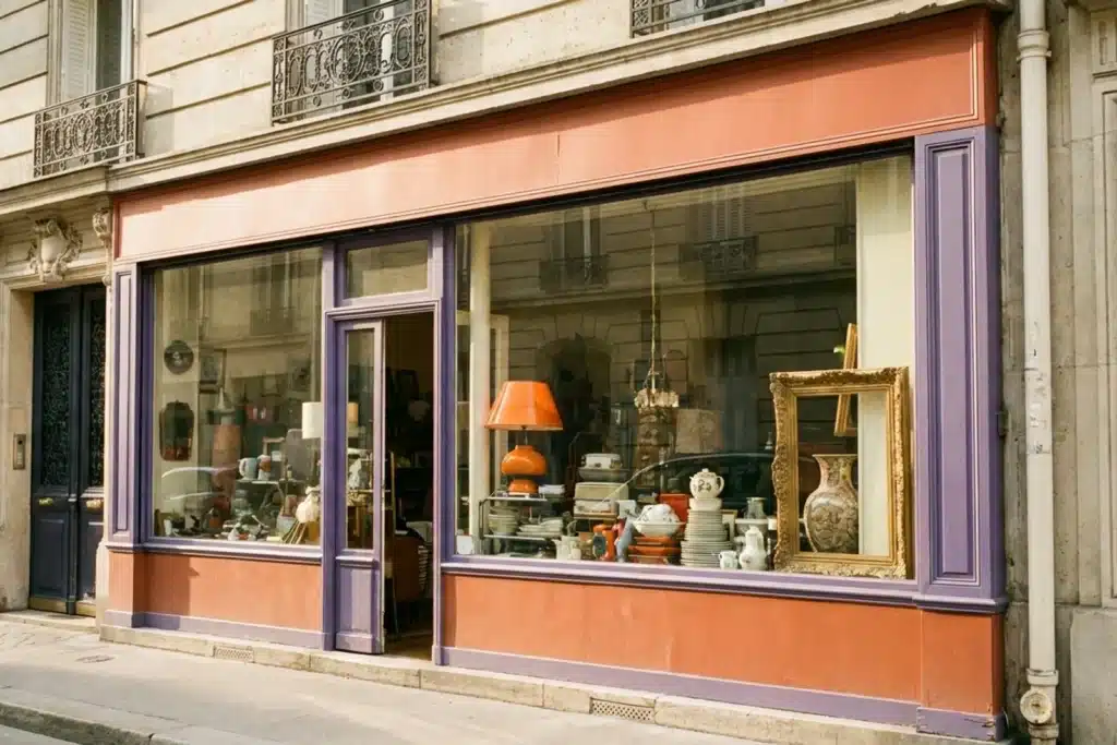 Facade d'une ressourcerie parisienne avec vitrine d'objets de seconde main coloree