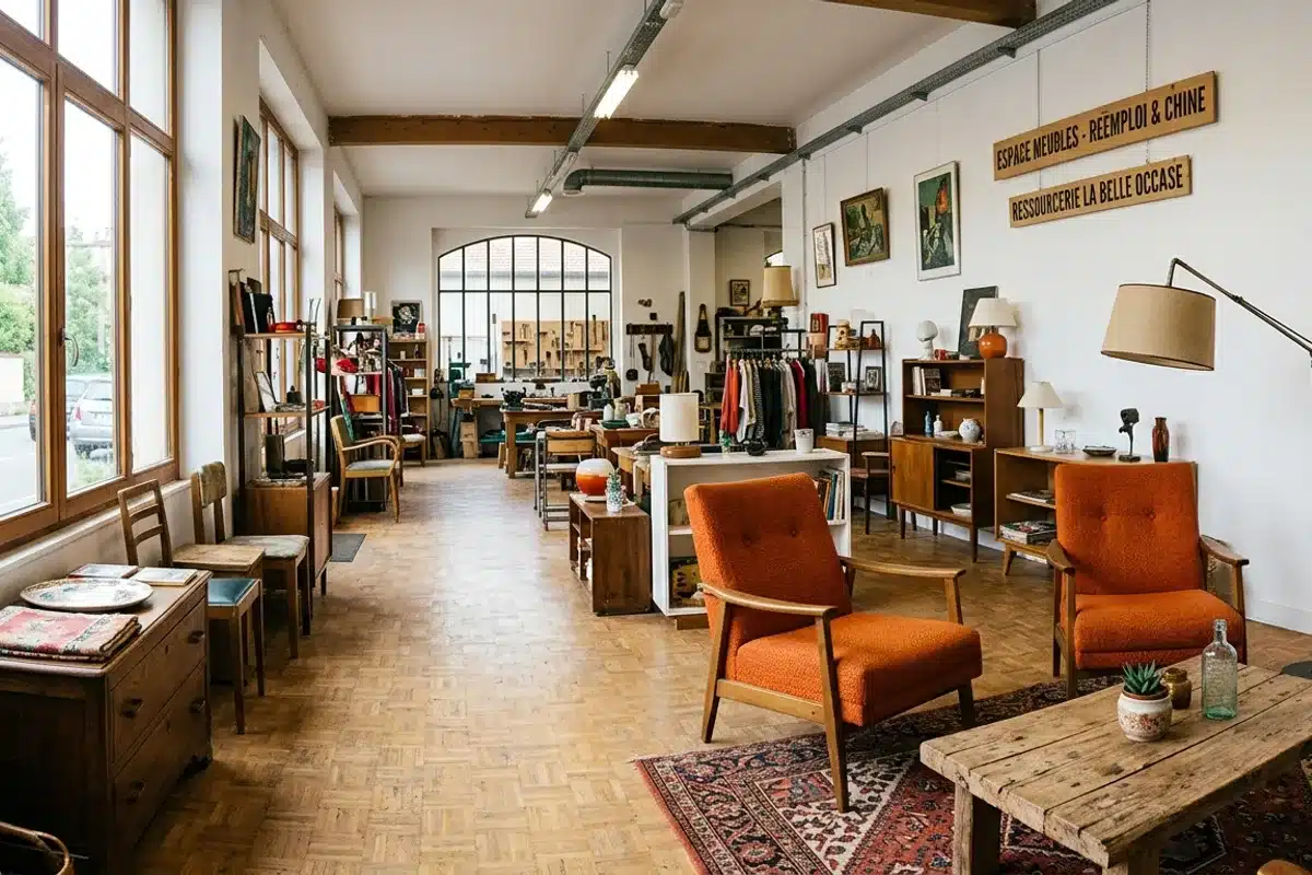 Espace meubles ressourcerie parisienne, fauteuil et table basse d'occasion Espace meubles dans une ressourcerie parisienne : fauteuil retro orange et table basse en bois d'occasion, ambiance showroom