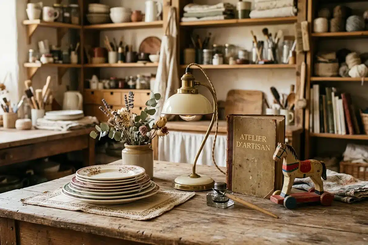 Objets de seconde main ressourcerie, vaisselle et accessoires vintage Collection d'objets de seconde main sur une table d'atelier : assiettes, lampe vintage, livre et jouet en bois