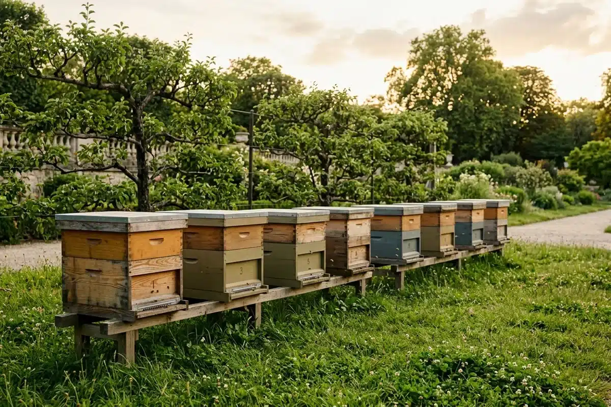 Le rucher et le verger du Luxembourg Ruches en bois du rucher-école alignées devant le verger de pommiers du jardin du Luxembourg