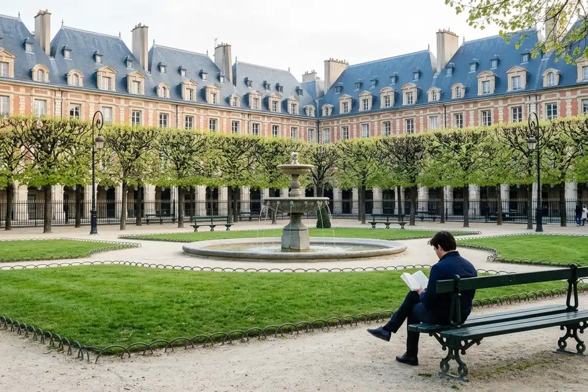 Square Louis-XIII, place des Vosges Jardin du square Louis-XIII au centre de la place des Vosges, fontaine et tilleuls