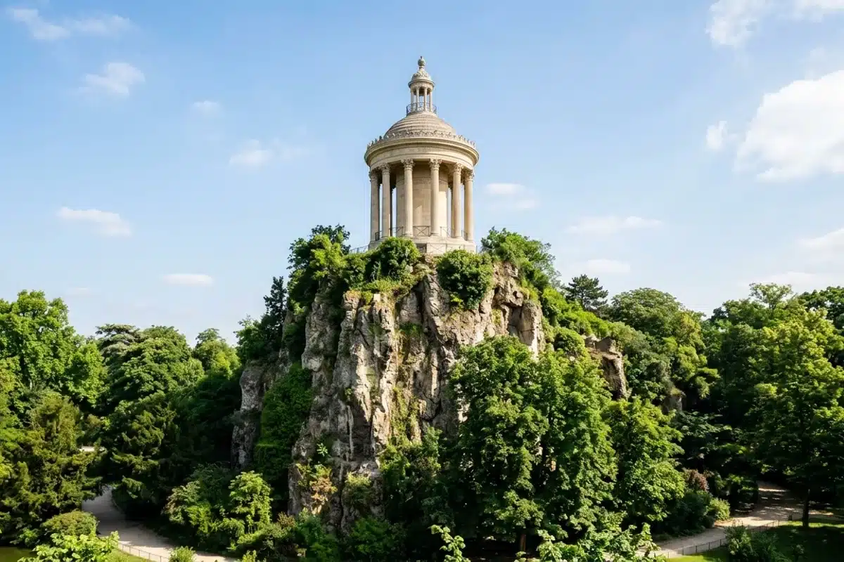 Le temple de la Sibylle, petit temple rond a colonnes, au sommet d un piton rocheux du parc
