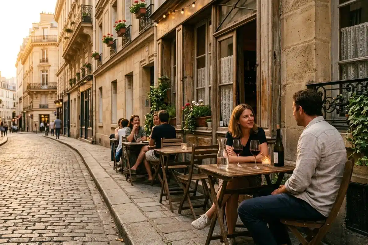 Terrasse d'un bar à vin à Paris Terrasse d'un bar à vin parisien dans une rue pavée avec verres de vin sur les tables