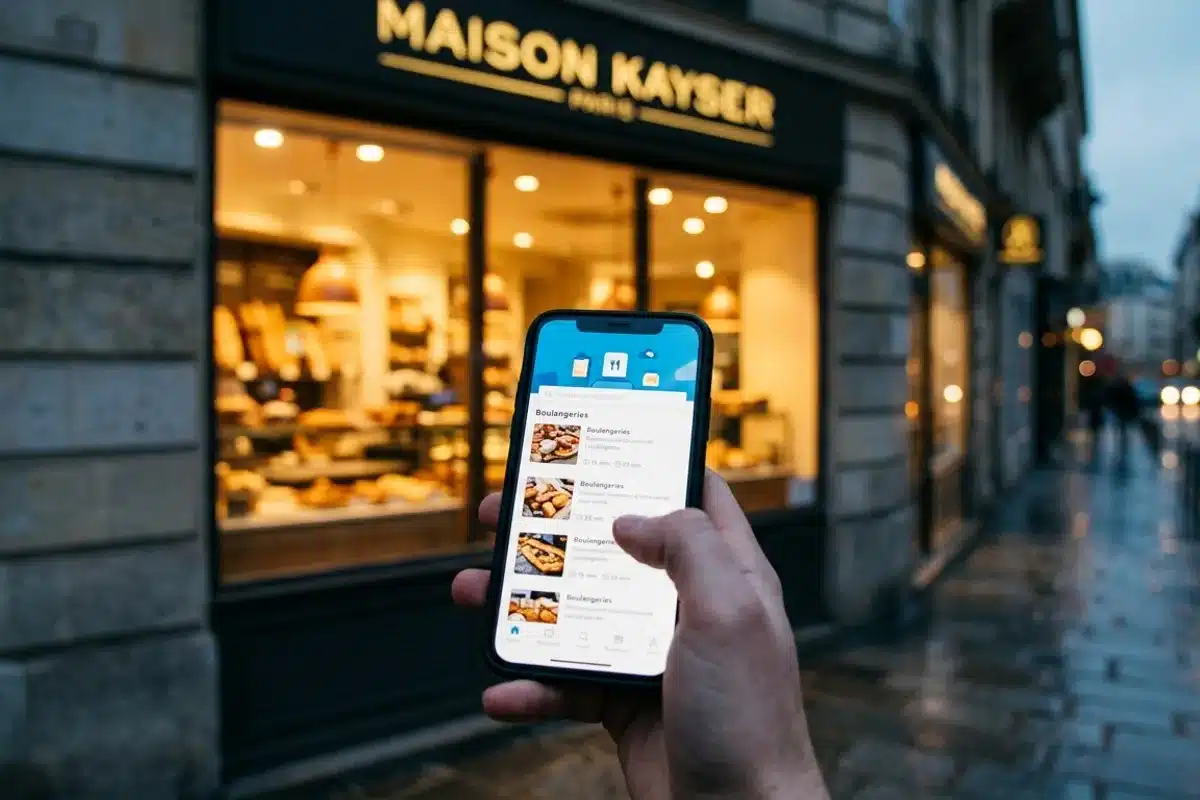 Application Too Good To Go sur smartphone devant un commerce parisien