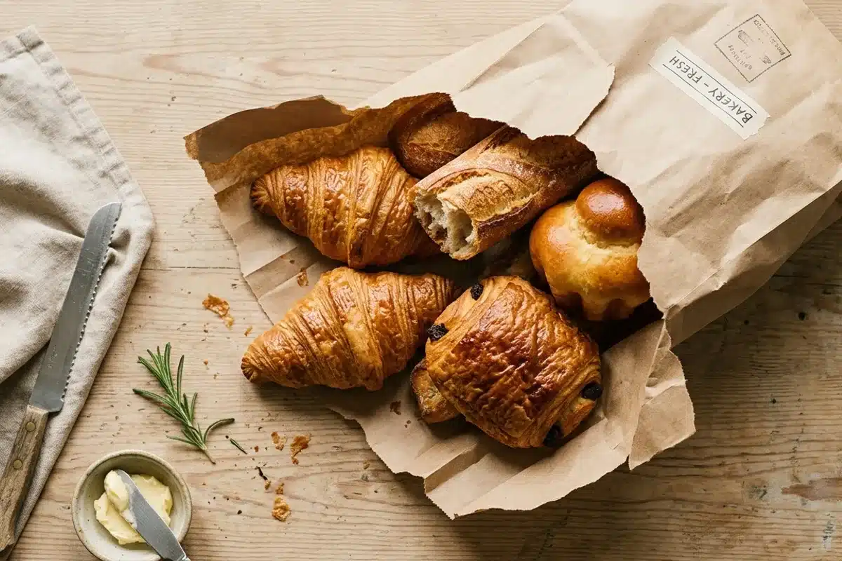 Contenu d'un magic bag Too Good To Go de boulangerie : croissants, pains et viennoiseries