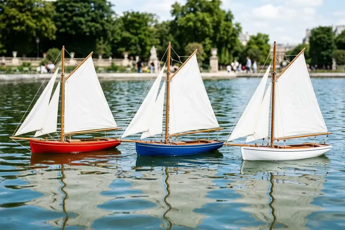 Petits voiliers en bois sur le grand bassin Petits voiliers en bois rouge, bleu et blanc flottant sur le grand bassin du jardin du Luxembourg